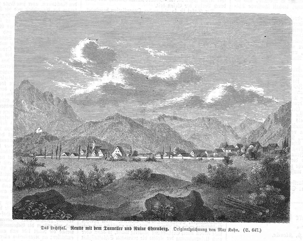 Historische Zeichnung von Reutte mit Kirche und Häusern; im Hintergrund der Thaneller und die Ruine Ehrenberg.