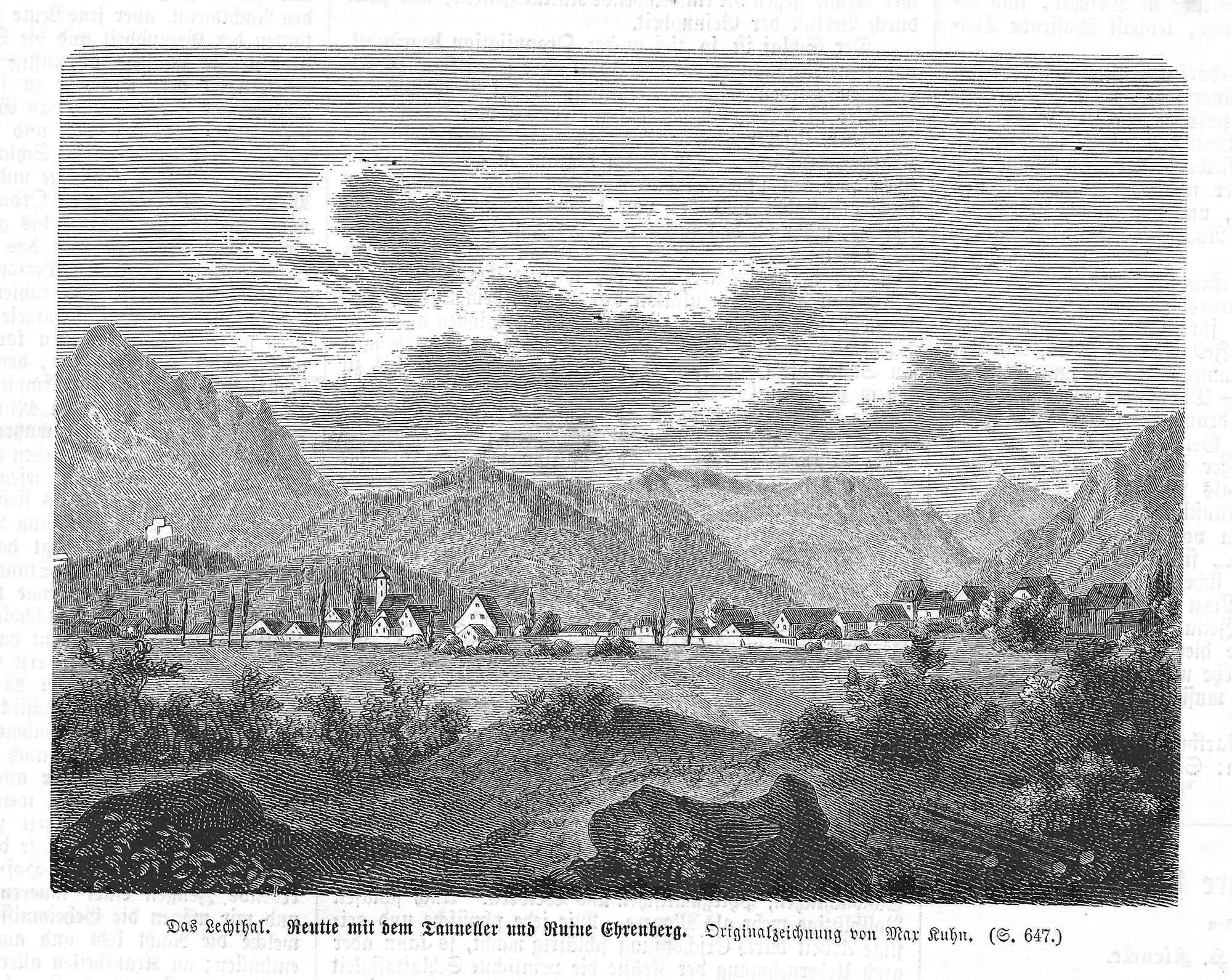 Historische Zeichnung von Reutte mit Kirche und Häusern; im Hintergrund der Thaneller und die Ruine Ehrenberg.