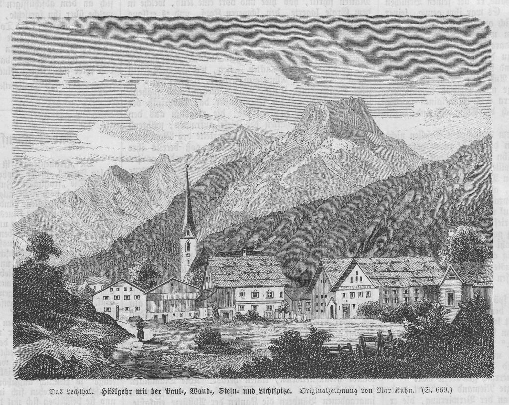 Historische Zeichnung von Häselgehr mit Dorfkirche und Häusern vor den Gipfeln der Lechtaler Alpen.