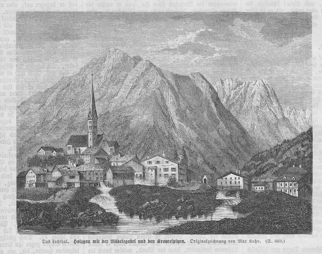 Historische Zeichnung von Holzgau mit Kirche und Häusern vor der Mädelegabel und den Kratzerspitzen.