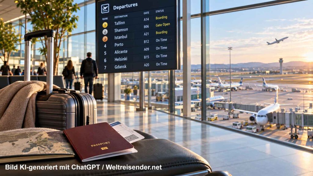 Modernes Flughafenterminal mit Koffer, Abflugtafel und Flugzeugen auf dem Vorfeld als Symbol für das europäische Flughafen-Ranking 2026