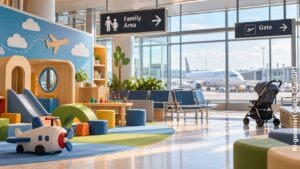 Kinderspielbereich in einem modernen Flughafenterminal mit Rutsche, Spielzeug, Sitzgelegenheiten und Kinderbuggy. Im Hintergrund ist durch große Fenster ein Passagierflugzeug zu sehen.