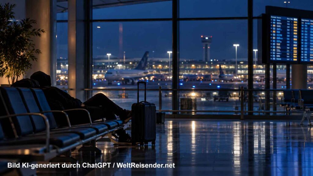 Schlafen am Flughafen: Wo Reisende in Europa am besten übernachten 1 Nachts ruhender Reisender auf Sitzreihen in einem Flughafenterminal mit Handgepäck vor großer Fensterfront zum Rollfeld