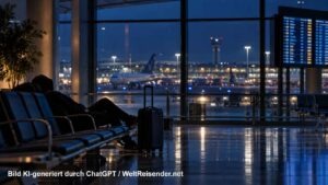 Schlafen am Flughafen: Wo Reisende in Europa am besten übernachten 12 Nachts ruhender Reisender auf Sitzreihen in einem Flughafenterminal mit Handgepäck vor großer Fensterfront zum Rollfeld